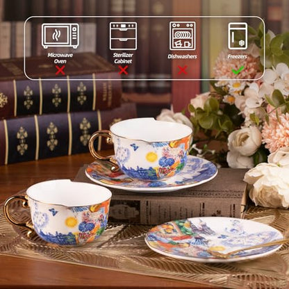 KAMMAK Tea Cups and Saucers Set of 2, Fine Bone China Coffee Cups, 584N | Stackable Espresso Mugs, Ceramic Demitasse for Coffee, Cappuccino, Latte, Americano, Tea - size: 7KPSP584N