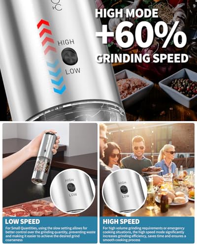 CIRCLE JOY Rechargeable Salt and Pepper Grinder Set Stainless Steel Electric Pepper Grinders with Variable Grinding Speed, External Adjustable Coarseness, Charging Base and White LED Light, Silver - color: 2-Speed Rechargeable Set with Charging Base