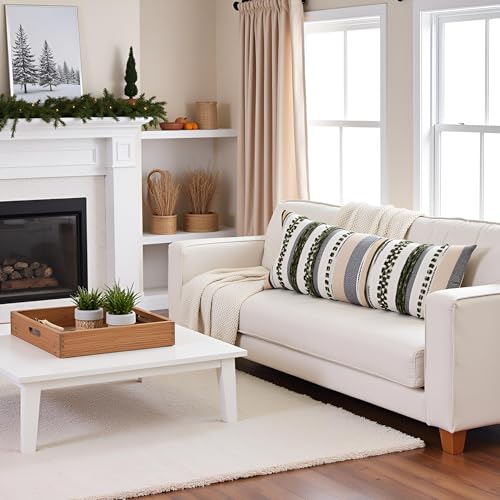 Dark Green Boho Lumbar Throw Pillow Cover 14x36 | 1 Piece,Durable Fabric,Stripe Pillow Cover,Farmhouse Cushion Case,Chenille Pillow Case,Neutral Pillowcase for Sofa Couch Bed - color: Dark Green Stripe, size: 36" x 14" (Pack of 1)