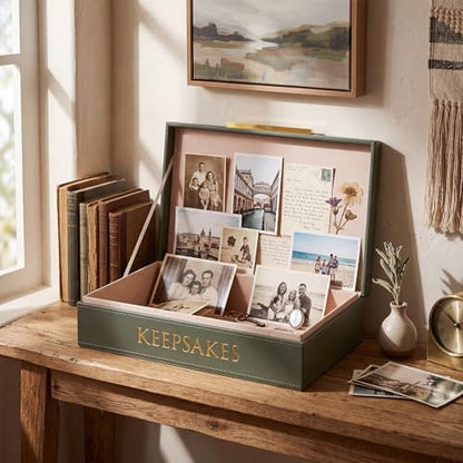 Hushee Decorative Storage Boxes with Lids 14.17 x 8.66 x 3.54 Inches Sage Green PU Leather Jewelry Box Organizer with Gold Handle Are to Store Photos Documents Keepsakes