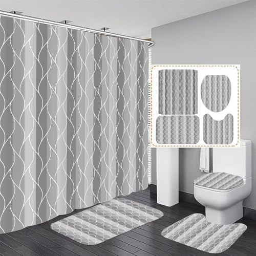 DDQQ 4Pcs Grey Wave Lines Shower Curtain Set with Rugs Stripe Bathroom Set | Waterproof, Durable, Grey Shower Curtain with 12 Hooks, Non-Slip Rugs, Toilet Lid Cover, U Toilet Mat, Bathroom Decor - color: Grey