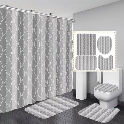 DDQQ 4Pcs Grey Wave Lines Shower Curtain Set with Rugs Stripe Bathroom Set | Waterproof, Durable, Grey Shower Curtain with 12 Hooks, Non-Slip Rugs, Toilet Lid Cover, U Toilet Mat, Bathroom Decor - color: Grey
