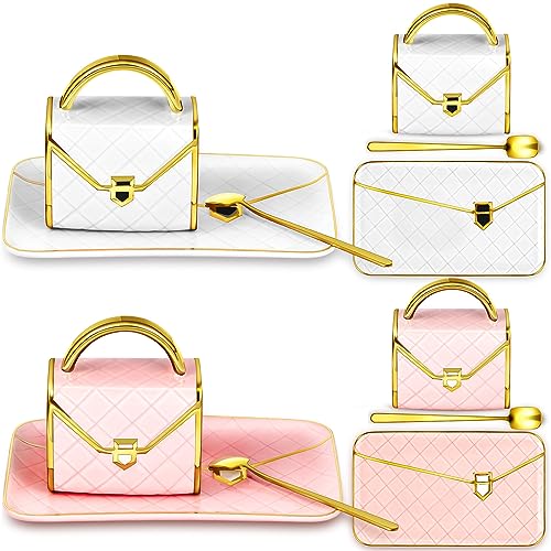 Zubebe 2 Sets Coffee Mug Elegant Handbag Shaped Cup Modern Ceramic Purse Mug with Spoon and Saucer, 10oz Cute Creative Tea Cup for Woman Girls Gift (Pink,White) - color: Pink and White