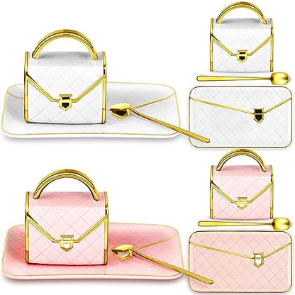 Zubebe 2 Sets Coffee Mug Elegant Handbag Shaped Cup Modern Ceramic Purse Mug with Spoon and Saucer, 10oz Cute Creative Tea Cup for Woman Girls Gift (Pink,White) - color: Pink and White