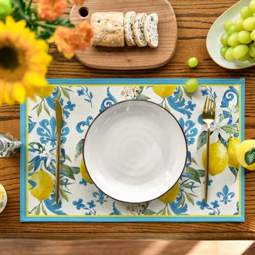 Artoid Mode Blue Lemon Iris Spring Place Mats 12x18 Inch Set of 4 and Table Runner 13x72 Inch