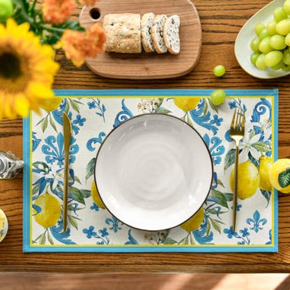 Artoid Mode Blue Lemon Iris Spring Place Mats 12x18 Inch Set of 4 and Table Runner 13x72 Inch