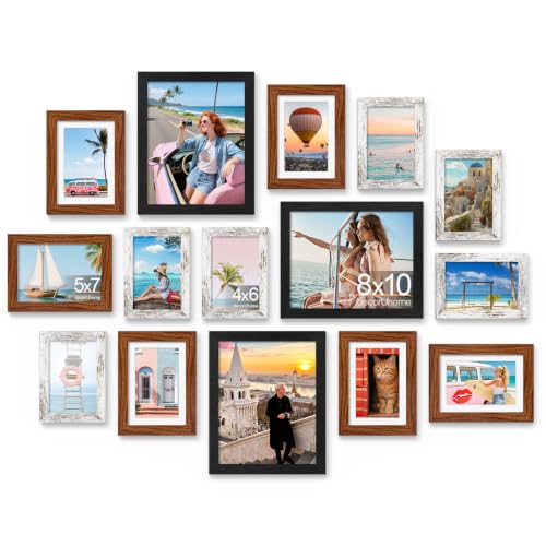 decorUhome 15 Pack Assorted Picture Frame Set for Wall & Tabletop, PF15MTL | Black / Walnut Brown / Distressed White, Includes Three 8x10 / Six 5x7 / Six 4x6 Multi Size, MDF Frame with Plexiglass Cover - color: Black & Walnut Brown & Distressed White