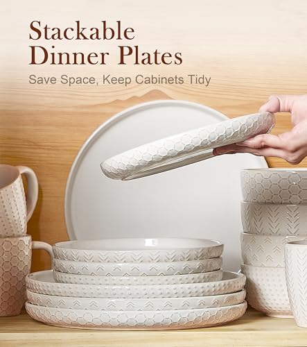 Lareina Ceramic Dinner Plates 10 Inch, Embossed Boho Stoneware Plates for Dessert, Salad, Appetizer, Dinner, Microwave & Dishwasher Safe, Scratch Resistant-Set of 4, Ivory White - size: 10 inch