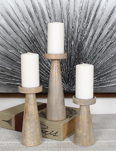 Set of 3 Pieces Wood Pillar Candle Holders, Mango Wooden Candlesticks Holders 12 Inch, 10 Inch, 8 Inch Height (Gray Wash) - color: Gray Wash