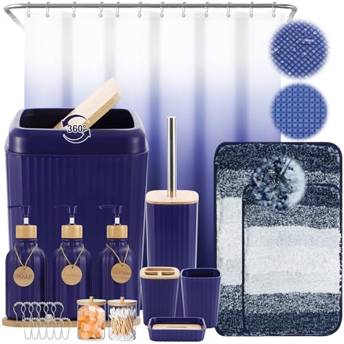 XLHOMO 32PCS Bathroom Sets with Shower Curtain and Rugs Navy Blue Shower Curtain Set 3PCS Soap Dispenser Bathroom Accessories with Bathroom Trash Can - size: Bath Set+Shower Curtain+Bath Rugs, style: Navy Blue