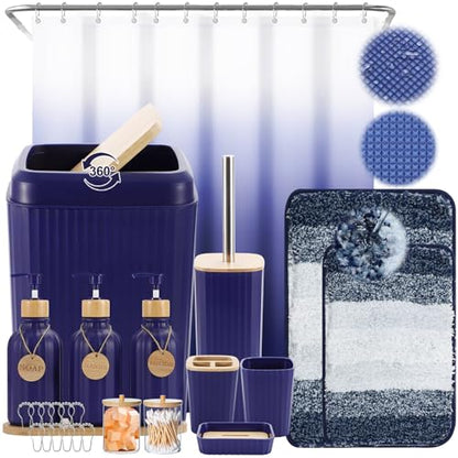 XLHOMO 32PCS Bathroom Sets with Shower Curtain and Rugs Navy Blue Shower Curtain Set 3PCS Soap Dispenser Bathroom Accessories with Bathroom Trash Can - size: Bath Set+Shower Curtain+Bath Rugs, style: Navy Blue