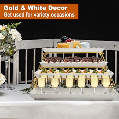 KAQAHIDO Extra Large 4 Tier Serving Tray Set, 34x22x10 inch Wave Edge Melamine Dessert Table Display Set, Tiered Trays Stand for Party Buffet Entertaining, Gold and White - color: Gold