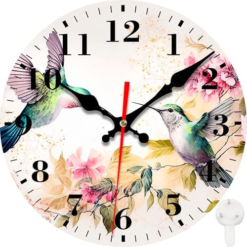 Wall Clocks Battery Operated, Hummingbirds and Pink Flowers Silent Non Ticking Decorative Indoor Outdoor Wall Clocks for Living Room Kitchen Bedroom Bathroom 12" - color: Hummingbirds and Pink Flowers