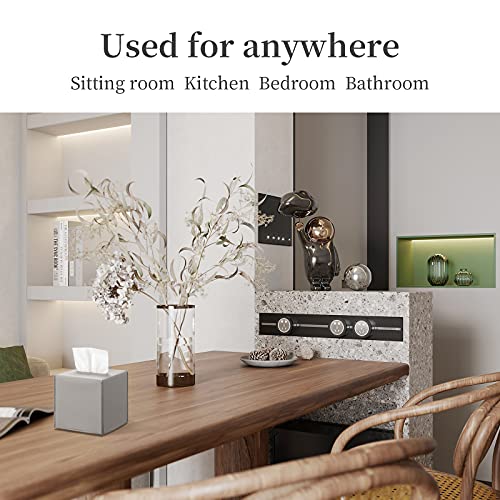 REGELETO Square Tissue Box Cover, Pu Leather Tissue Box Holder with Bottom Belt Modern Stylish Tissue Box Organizer for Bathroom, Bedroom, Hotel, Office Desk 5"X5"X5"-Grey - color: Single Grey