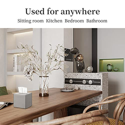 REGELETO Square Tissue Box Cover, Pu Leather Tissue Box Holder with Bottom Belt Modern Stylish Tissue Box Organizer for Bathroom, Bedroom, Hotel, Office Desk 5"X5"X5"-Grey - color: Single Grey
