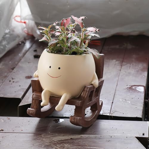 Smily Face Planter Pot Cute Resin Flower Head Planters for Indoor Outdoor Unique Sit Rocking Chair Succulent Pots Gift IdeaI for Mother and Appreciation Christmas with Drainage Hole - size: Small