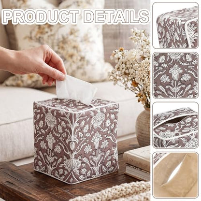 Blue Fabric Tissue Box Cover - Floral Print Tissue Box & Decorative Square Napkin Holder Handmade Cotton for Home Bedroom Vanity Countertop Nightstand Office (Grayish Brown) - style: Grayish Brown