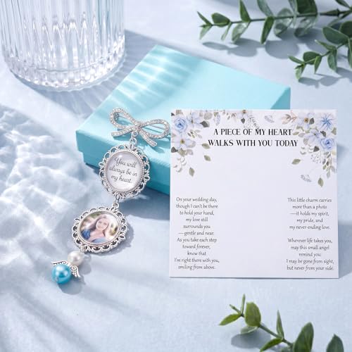 Wedding Bouquet Photo Charms Set Bridal Bouquet Charm with Blue Tone Box and Card Something Blue for Bride Memorial DIY Pin with Angel Memory Charm for Bridal Shower Gift