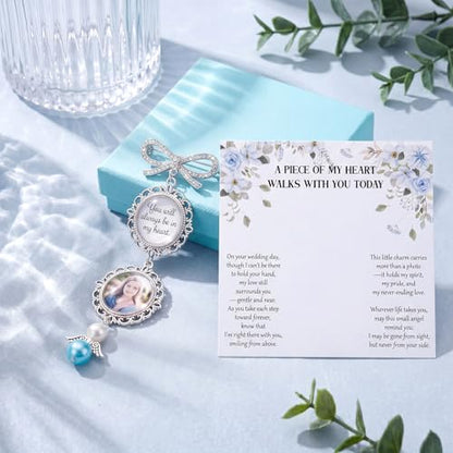 Wedding Bouquet Photo Charms Set Bridal Bouquet Charm with Blue Tone Box and Card Something Blue for Bride Memorial DIY Pin with Angel Memory Charm for Bridal Shower Gift