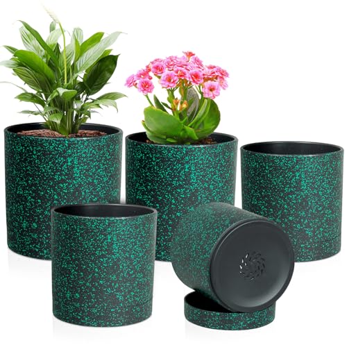 Meowell 7/6.5/6/5/4 inch Plant Pots, 5 Pack Cylinder Flower Pots for Small Indoor Outdoor Plants, Plastic Planters with Drainage Holes and Saucer for Garden Succulent Plants, Black With Green Speckles - color: Black With Green Speckles, size: 7"+6.5"+6"+5