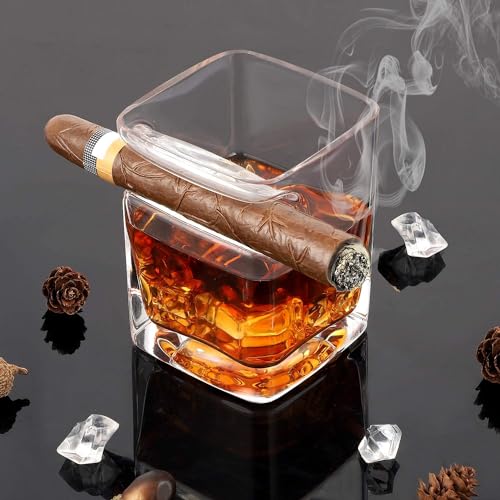 Cigar Whiskey Glass with Cigar Holder - 12oz Old Fashioned Glass with Side Mounted Rest - Bourbon Glass Cigar Accessories with Whiskey Stones and Recipe, for Men/Husband