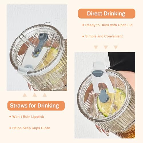 20oz Ribbed Glass Cups with Lids and Straws,2PCS Glass Tumbler with Straw and Lid,Iced Coffee Cups Drinking Glasses for Juice Whiskey Cocktail Beer
