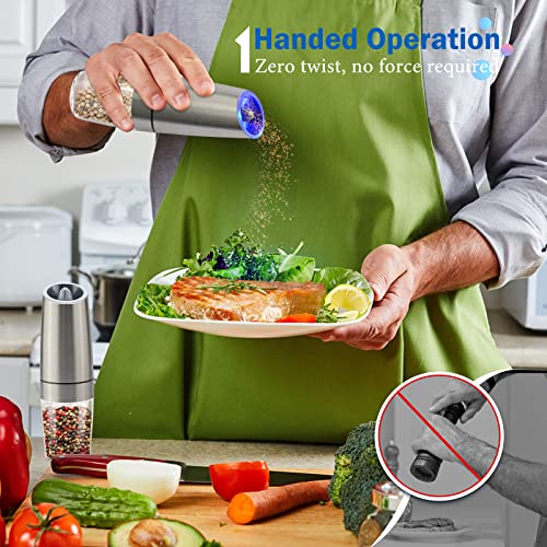 Gravity Electric Salt and Pepper Grinder Set, Battery Powered LED Light One Hand Automatic Operation, Adjustable Coarseness Mill Grinders Shakers Black (G.Silver 1p)