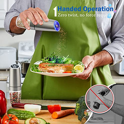 Gravity Electric Salt and Pepper Grinder Set, Battery Powered LED Light One Hand Automatic Operation, Adjustable Coarseness Mill Grinders Shakers Black (G.Silver 1p)