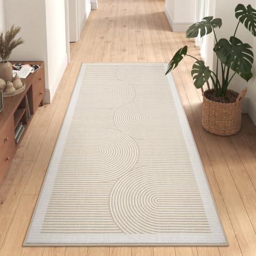 Hallway Kitchen Runner Rug Non-Slip Low Pile Washable Rug Beige 2x5ft | Soft Entryr Mat Carpet TPR Backing , Thin Profile, Abstract Pattern for Bedroom, Bathroom, Entryway Long Runners, Easy Clean - color: Beige, size: 2' x 5'
