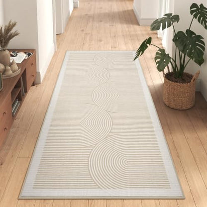 Hallway Kitchen Runner Rug Non-Slip Low Pile Washable Rug Beige 2x5ft | Soft Entryr Mat Carpet TPR Backing , Thin Profile, Abstract Pattern for Bedroom, Bathroom, Entryway Long Runners, Easy Clean - color: Beige, size: 2' x 5'