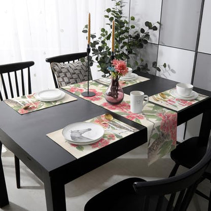 Table Runner and Placemats Set of 6 Flowers Leaves Decorative Dining Table Runner with Matching Placemats Retro Floral Red Table Decor for Kitchen Dining Room and Everyday Use 13x90in - size: 13"x90"+6pcs
