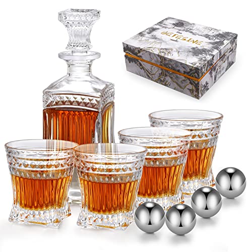 BETESINE Whiskey Decanter Set with 4 Glasses and 4 Steel Chilling Balls | 500ml Lead-Free Crystal Gift Set for Bourbon, Scotch, Whiskey and Rum