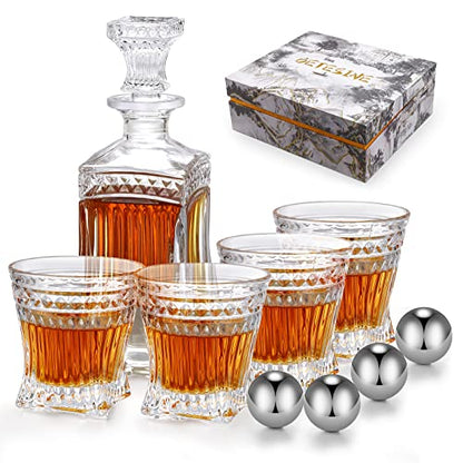 BETESINE Whiskey Decanter Set with 4 Glasses and 4 Steel Chilling Balls | 500ml Lead-Free Crystal Gift Set for Bourbon, Scotch, Whiskey and Rum