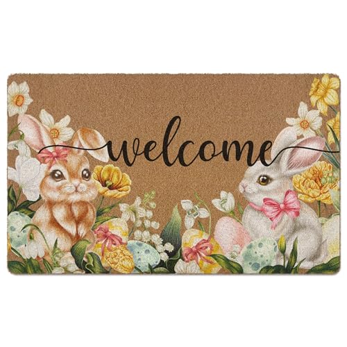 Easter Bunny Floral Door Mat, Bunny Rabbit Flower Welcome Front Door Mat Indoor Outdoor Entrance, Easter Artificial Coir Doormats Rugs for Porch Entryway Decor 30x17in - color: Bunny