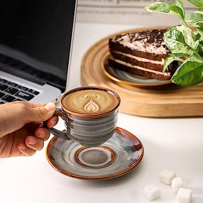 Hasense Espresso Cups with Saucers, 4 oz Small Ceramic Espresso Coffee Mugs Set of 4, Cute Cappuccino Cup Set, Demitasse Cups Perfect for Espresso Shots, Cappuccino, Tea-Grey Brown - color: Grey Brown, size: 4oz - Set of 4