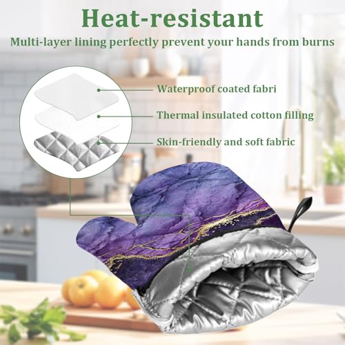 Purple Gold Marble Oven Mitts and Pot Holders Sets 4 Pcs Silicone Kitchen Gloves Heat Resistant Potholders for Baking Grilling BBQ - color: Purple Marble