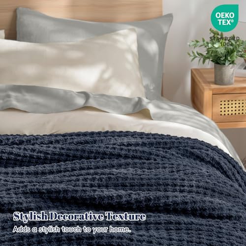 PHF Chenille Waffle Knit Throw Blanket- Plush Warm & Cozy 50" x 60" Ultra Soft Blanket- Chunky Fluffy Waffle Throws for Couch Bed Sofa - Navy Blue - color: Navy Blue, size: Throw(50"X60")