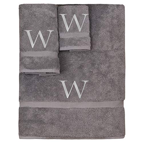 Monogrammed Towel Set, Personalized Gift, Set of 3- Silver Block Letter Embroidered Towel - Extra Absorbent 100% Turkish Cotton - Soft Terry Finish - Initial W Gray - color: Gray & Silver, size: Initial - W