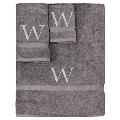 Monogrammed Towel Set, Personalized Gift, Set of 3- Silver Block Letter Embroidered Towel - Extra Absorbent 100% Turkish Cotton - Soft Terry Finish - Initial W Gray - color: Gray & Silver, size: Initial - W