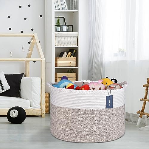COMSE XXXLarge Woven Blanket & Laundry Basket, 87L, White & Light Brown | 21.7" x 13.8", Cotton Rope, Nursery Hamper for Storage of Toys Clothes Towels, Ideal for Living Room Bedroom Bathroom - color: White & Light Brown