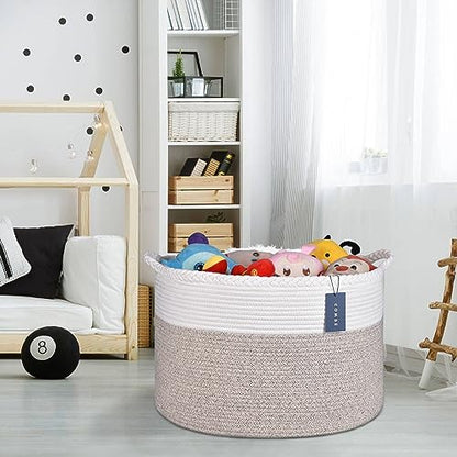 COMSE XXXLarge Woven Blanket & Laundry Basket, 87L, White & Light Brown | 21.7" x 13.8", Cotton Rope, Nursery Hamper for Storage of Toys Clothes Towels, Ideal for Living Room Bedroom Bathroom - color: White & Light Brown