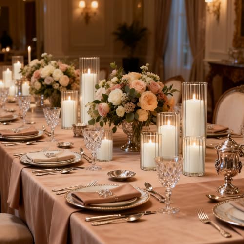 12 Pack White Pillar Candles + 12 Pack Vertical Ribbed Clear Glass Cylinder Holders, Hurricane Candle Shades for Wedding, Home, Party Table Centerpieces Decor - color: White, size: 12