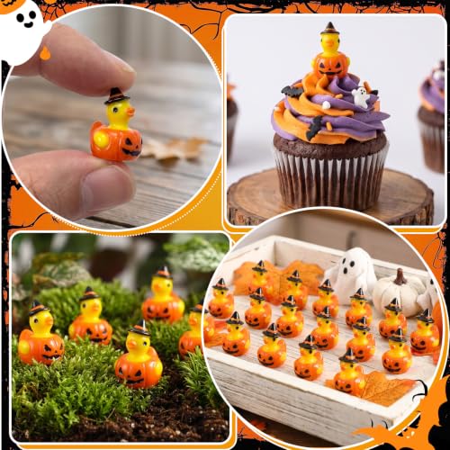 JUNEBRUSHS 50Pcs Mini Resin Ducks Halloween Tiny Pumpkin Ducks Figures | Yellow Ducks,Small Resin Animals,for Dollhouse Miniature Landscape Decor,DIY Crafts,Spooky Party Favor - style: Halloween Pumpkin Duck Style