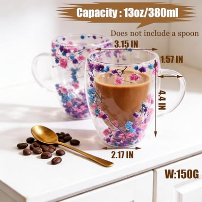 Viovian 13oz Double Wall Glass Coffee Mugs Set of 2 Insulated Glass Coffee Cups with Handles,Clear Dried Flower Tea Mug for Hot Beverages,Tea Cup Women Birthday Gifts - color: 13oz double wall glass mugs set of 2（Starry Sky）