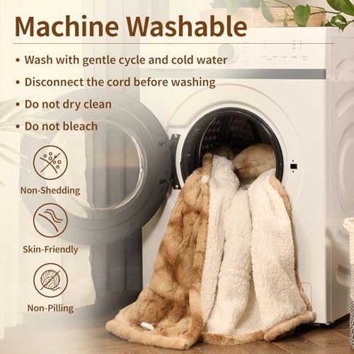 Bearhug Electric Blanket Throw Size, 50" x 60" Heated Blanket with 6 Heating Levels & 4H Auto Shut-Off, Machine Washable Soft Velvet to Sherpa Reversible Heated Throw for Office, Couch and Sofa - color: Champagne-faux Fur & Sherpa, size: Throw 50" × 60"