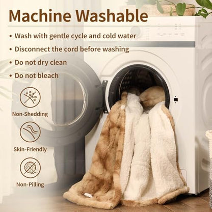 Bearhug Electric Blanket Throw Size, 50" x 60" Heated Blanket with 6 Heating Levels & 4H Auto Shut-Off, Machine Washable Soft Velvet to Sherpa Reversible Heated Throw for Office, Couch and Sofa - color: Champagne-faux Fur & Sherpa, size: Throw 50" × 60"