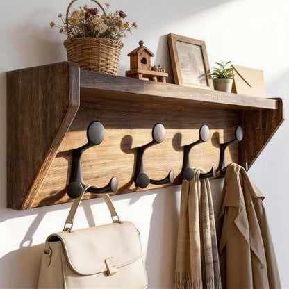 SKOLOO Wall Shelf with Hooks, 24-Inch, Weathered Brown | Coat Rack Wall Mount with Shelf, Heavy Duty, 4 Tri Hooks, Perfect for Entryway, Hallway, Living Room, Bedroom, Mudroom - color: Weathered Brown, size: 24 inch with 4 hooks