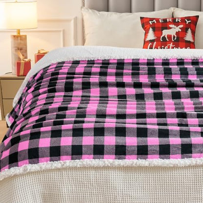 BEAUTEX Christmas Sherpa Fleece Throw Blanket Soft Warm Buffalo Plaid | Plush Blanket & Throw, Winter Cozy Fuzzy for Couch, Sofa, Bed (Pink, 50" x 60") - color: Pink, size: Throw-50"x60"