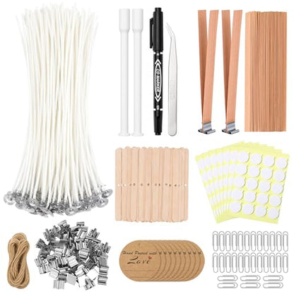 375Pcs Candle Making Kit, 8 Inch Cotton Wicks & 5 Inch Wood Wicks | Wick Holders, Candle Stickers, Tweezers, Pen, Use for DIY, Home Craft, Gift Making - size: 8IN-130pcs