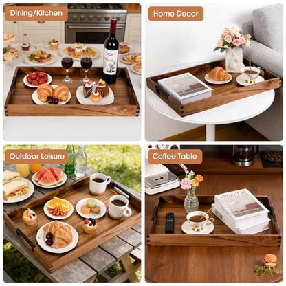 Large Ottoman Tray for Living Room and Coffee Table, Decorative Acacia Wood Serving Tray with Metal Handles for Breakfast in Bed, Dinner Food Kitchen TV (Natural, 24" x 15" x 2") - size: 24" x 15" x 2"